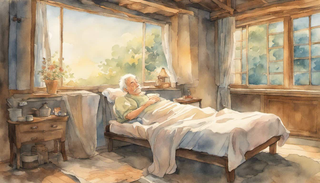 A weakened elderly man on a bed, a solitary beam of light cascading over him while an open window portrays a serene sunrise over the horizon