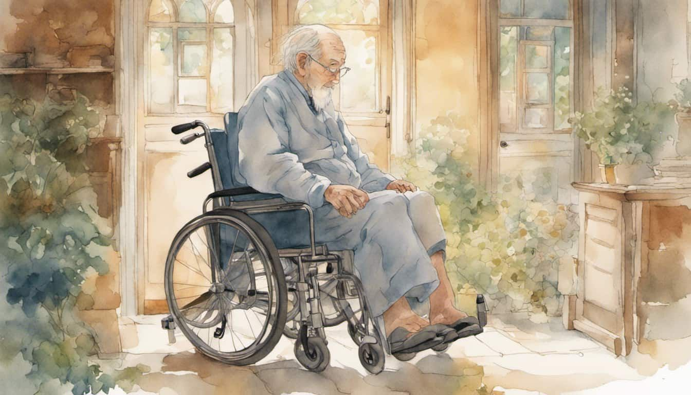 An elder person in a wheelchair looking hopefully towards the horizon with a caregiver and a surgical knee brace in the background