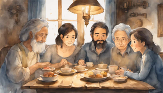 Family holding hands and praying around dinner table