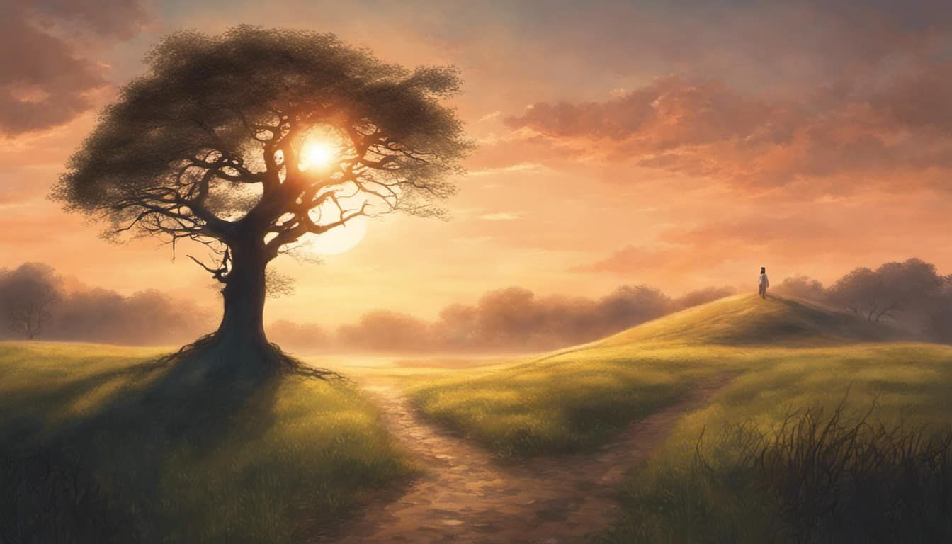 Sunrise reflecting on a path leading to a tree silhouette representing a father figure