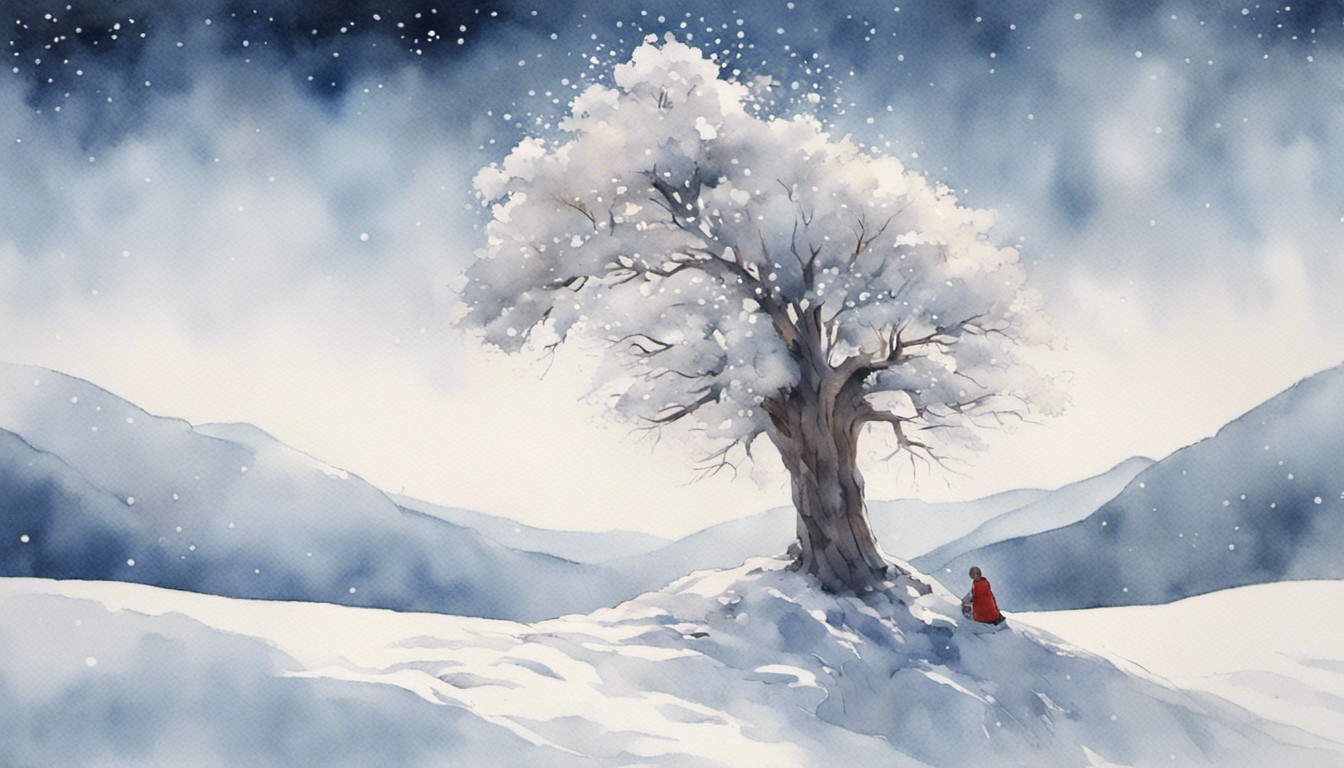 Solitary person praying beneath a snow-laden tree in a serene winter landscape