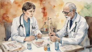 Doctor discussing laryngeal cancer with patient illustrating risk factors and treatment process