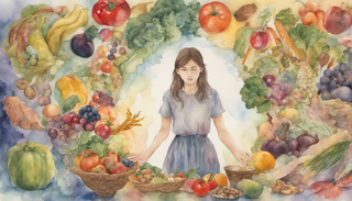 A woman surrounded by healthy foods with a rainbow blending with her silhouette
