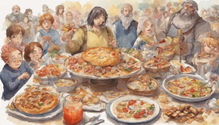 Individual in struggle with food surrounded by supportive praying figures, abstract celestial ray