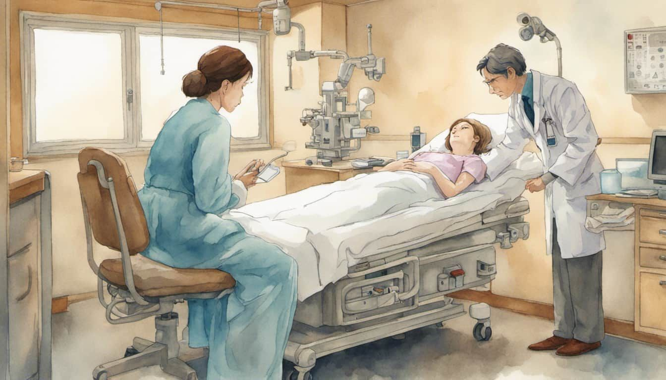 Doctor explaining to patient with peritoneal cancer about her condition using a detailed model of human abdomen.