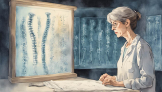 Woman looking at X-ray of spine depicting cancer cells