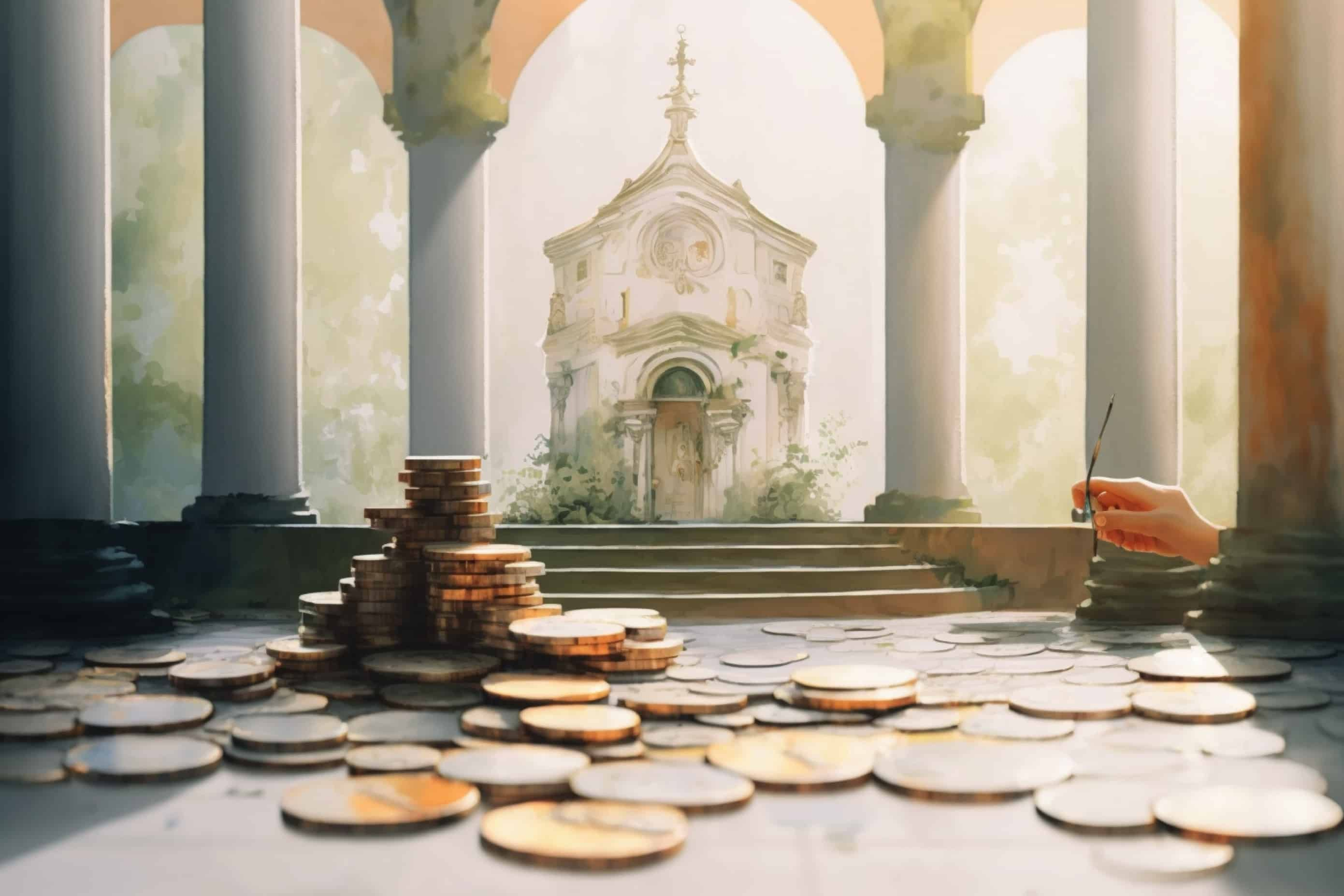 A handful of coins on the ground in front of a church