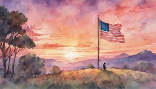 Diverse group of people gathering together under the waving American flag during sunset
