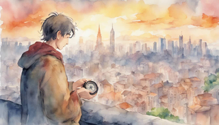 Man holding compass looking upon city skyline at sunrise with clasped hands