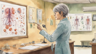 A woman looking at the gallbladder graphic on a medical poster, in conversation with a concerned but determined doctor