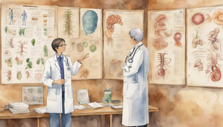 Doctor discussing gastrointestinal cancer with a patient, medical charts and images of healthy and diseased organs on the wall