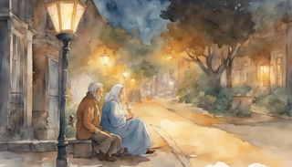A man giving away a loaf of bread to an elderly woman under a warm-lit lamp post