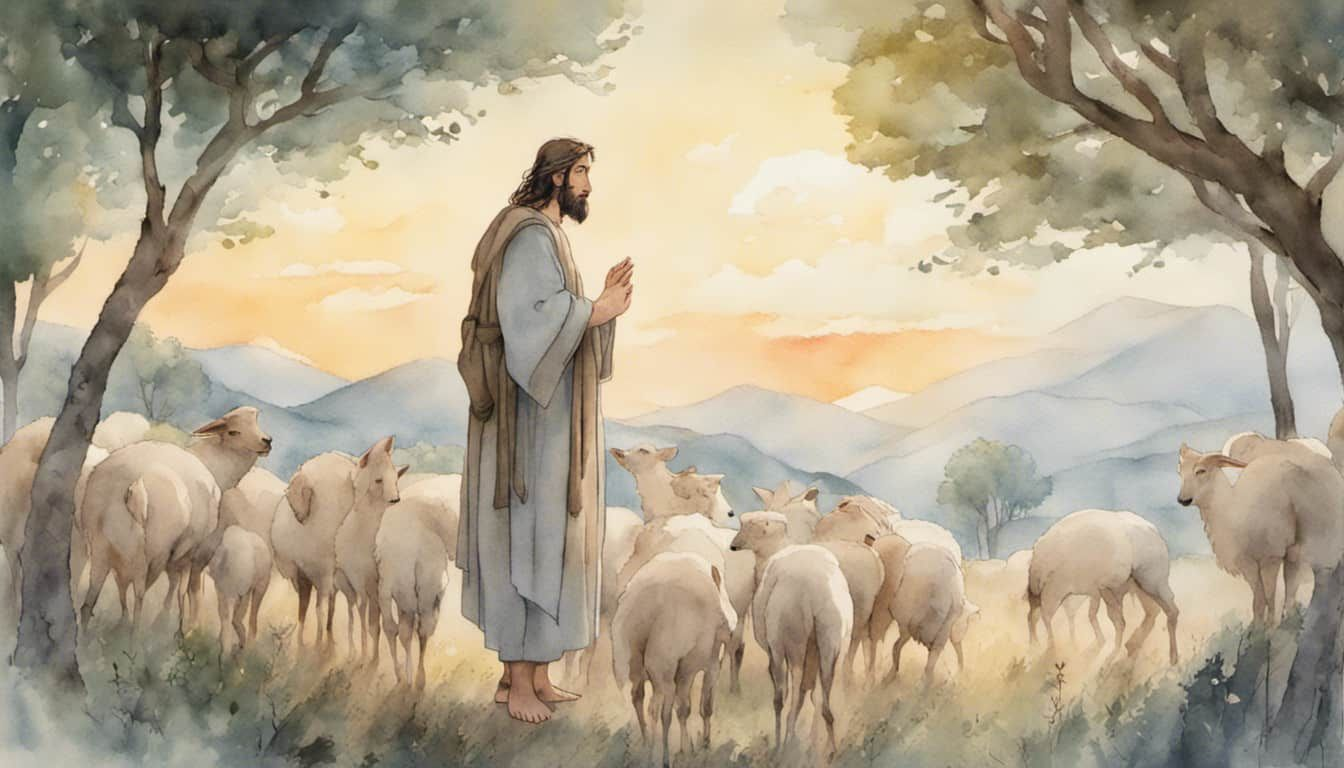 A serene, evocative scene depicting Jesus the Good Shepherd guiding a flock through a landscape