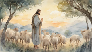 A serene, evocative scene depicting Jesus the Good Shepherd guiding a flock through a landscape