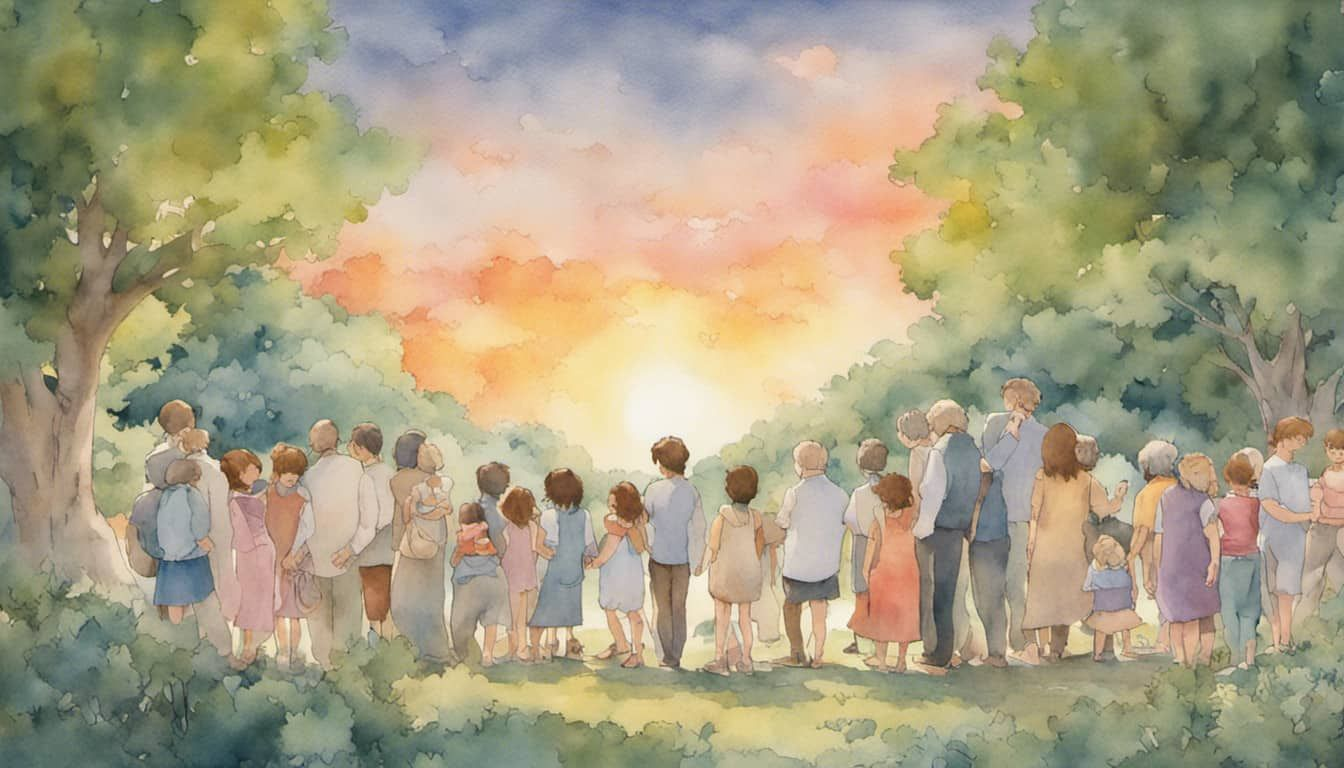 Family members of different generations reconnect at the lush park under the pastel sunset skies