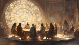Image of a diverse group of people around a roundtable with sunlight streaming from the sky