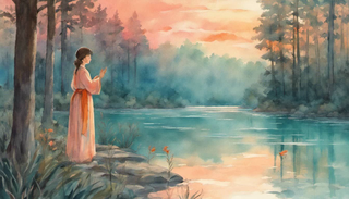A serene landscape of a dawn breaking over a quiet forest with a calming lake and the silhouette of a woman standing at its edge