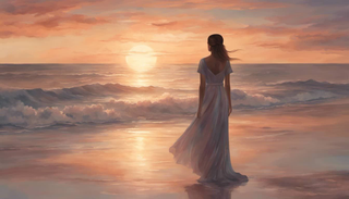 A woman standing by the seashore looking at the setting sun