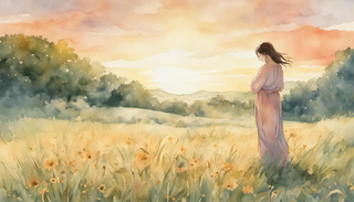 A pregnant woman standing in a vibrant meadow, drawing vitality from the environ