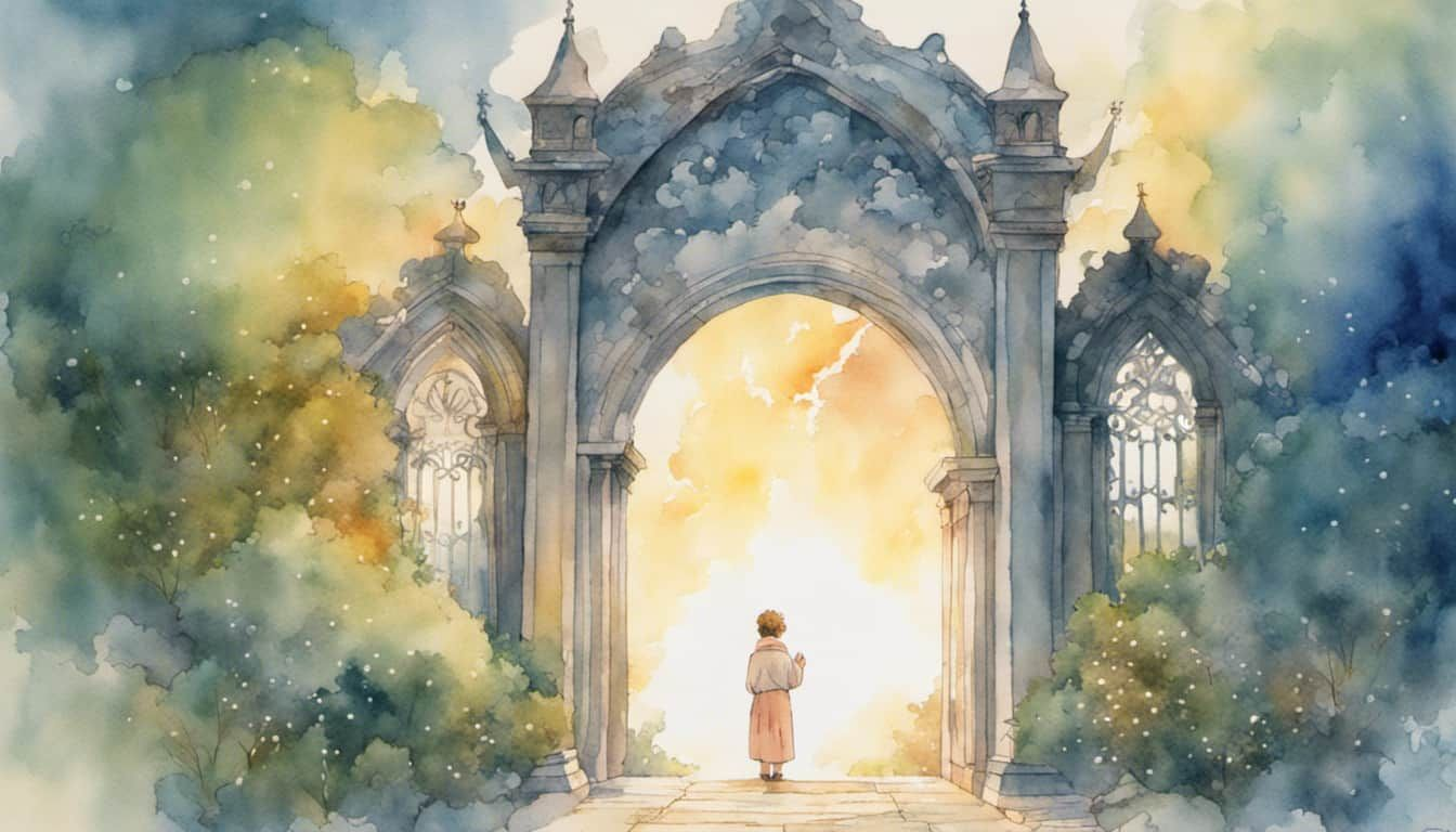 Person praying under a shimmering gateway to heaven