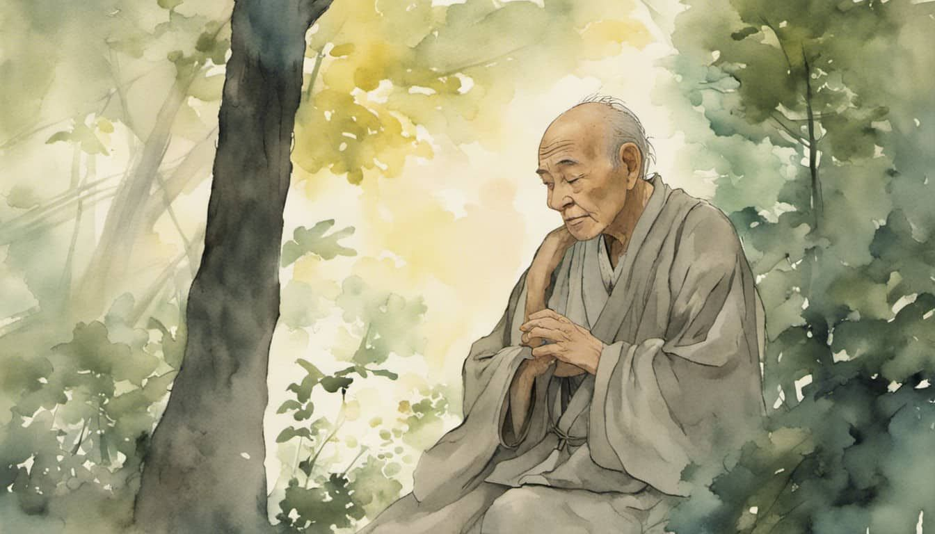Monk meditating within a serene natural landscape
