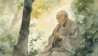 Monk meditating within a serene natural landscape