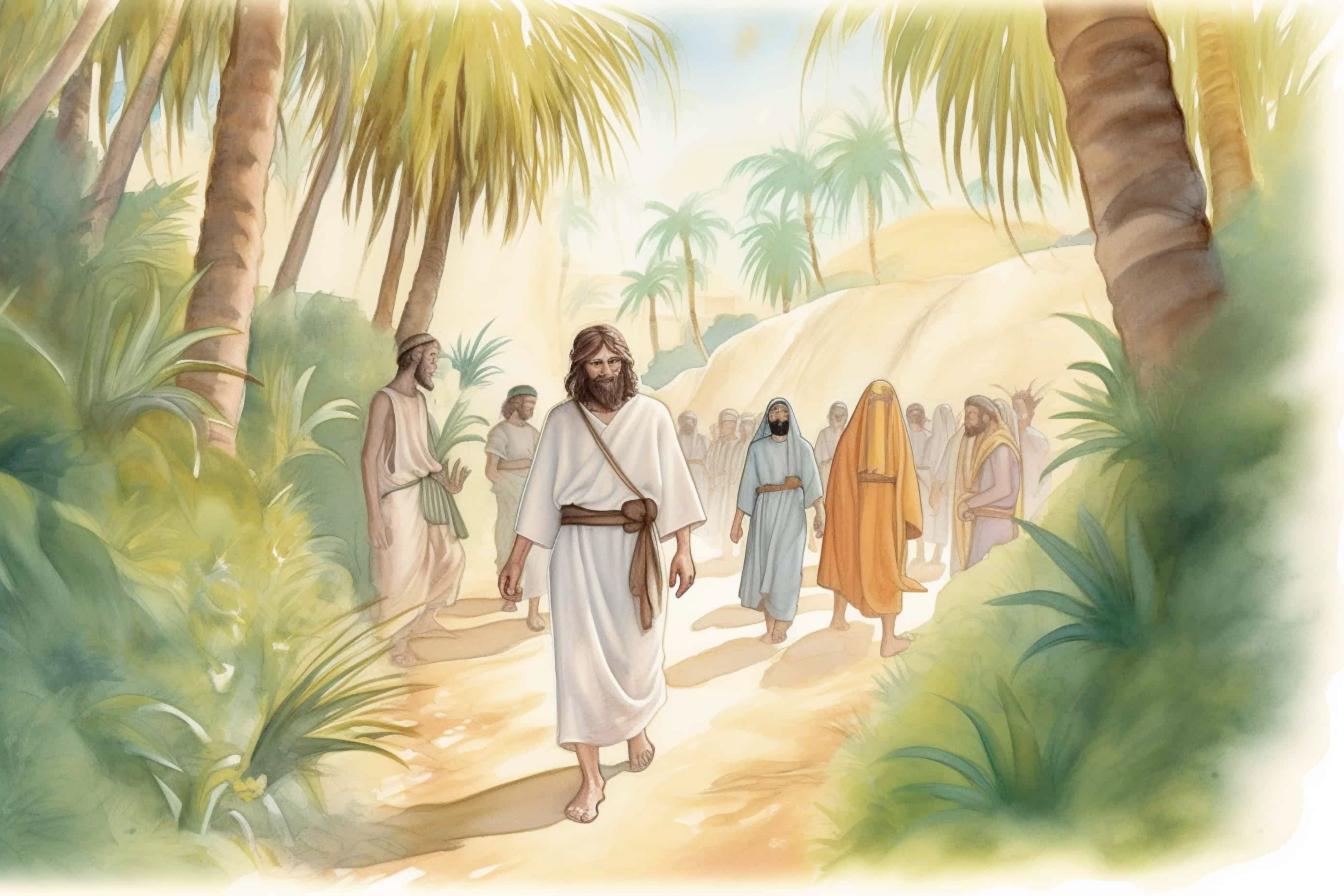 Jesus and his disciples walking on a path with scattered palm leaves, reflecting on Scripture during Holy Week.