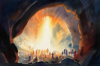 Holy Saturday, with a glowing cave entrance and people gathered in awe, commemorating Christ's triumphant descent into hell.