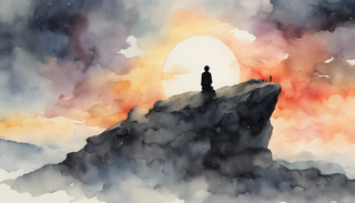 A silhouette of a person against a gradually brightening sky with dark clouds dissipating.