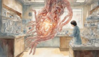A person having a close battle against a large replica of a diseased gastrointestinal system