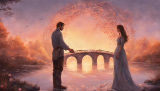 Couple facing each other with a bridge in the background