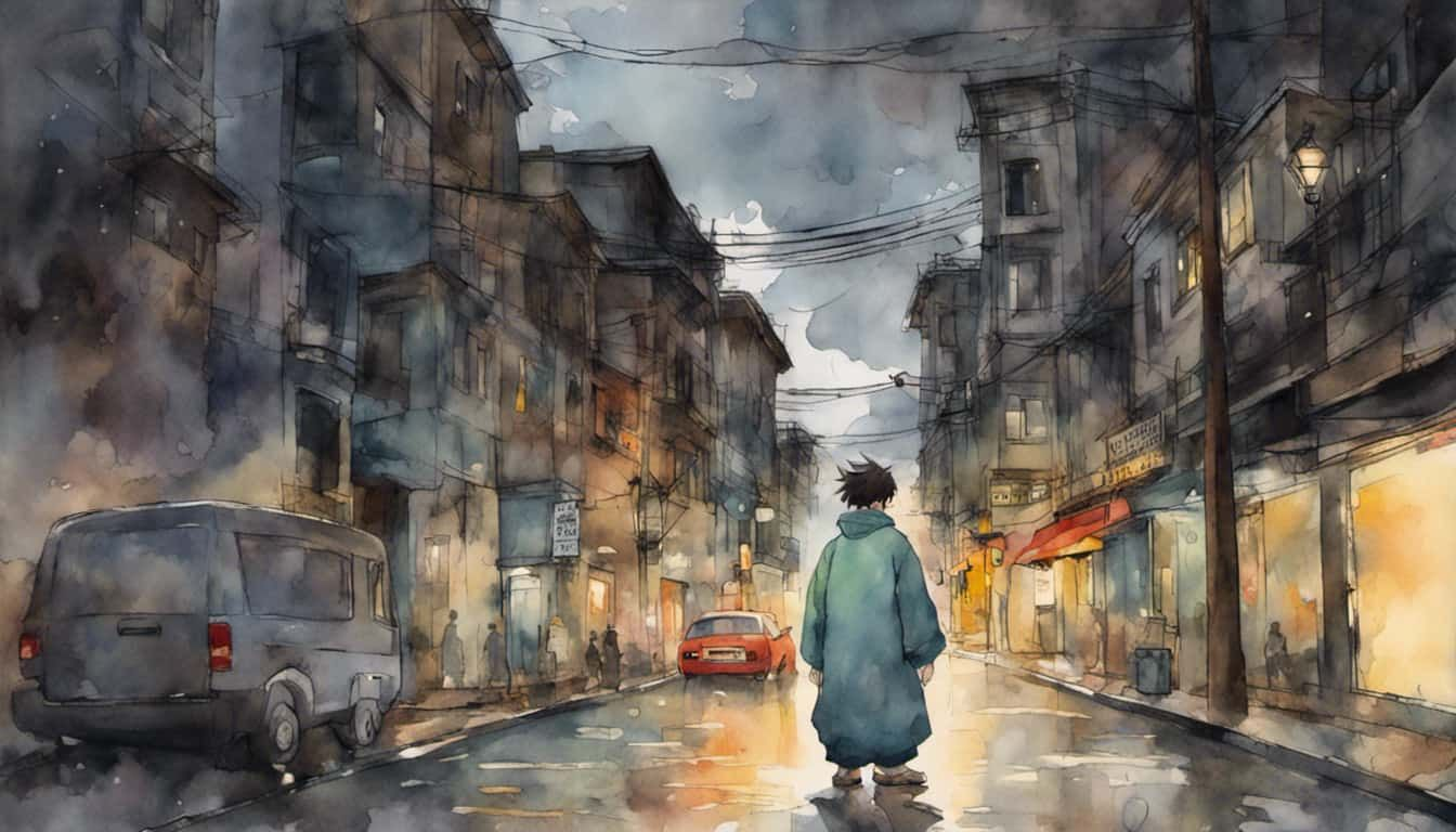A solitary figure surrounded by ominous characters in an urban setting, all under a dramatic sky