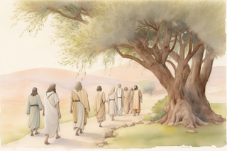 Jesus and his disciples walking towards Jerusalem, passing a barren fig tree on Fig Tuesday.