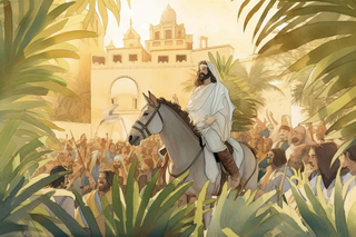 Jesus's humble entry into Jerusalem on a donkey, surrounded by crowds waving palm branches in celebration.