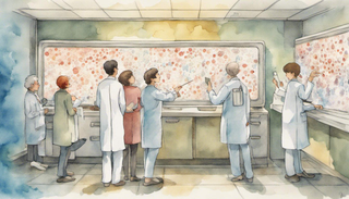 A series of images showing a cancer cell journey from the original site through the bloodstream to a remote location. Genuine concern of doctors holding X-ray scans.