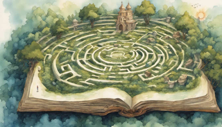 A labyrinth path leading to a glowing book, with footsteps and guiding stars