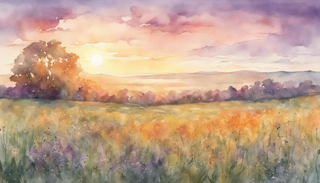 Sunrise in a peaceful meadow on a bright June day