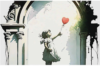 Painting of a little girl letting go of her balloon