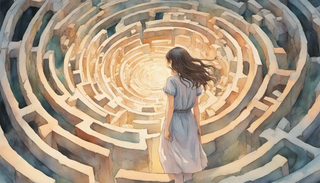 A woman lost in a maze praying for guidance