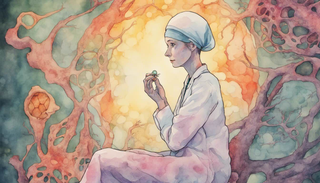 A woman undergoing chemotherapy, a doctor with her, and lymph nodes depicted in background