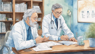 A mature man having a serious discussion with his doctor, with the background showing a focus on prostate cancer awareness materials
