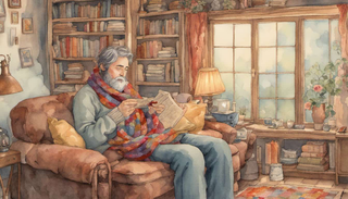 A man knitting a scarf for his wife, conveying his attentive love for her from head to toe