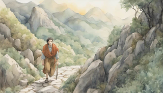 Man struggling uphill on a rugged pathway, his eyes closed in prayer