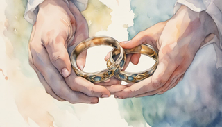 Two hands holding together separated wedding rings on a background of sunset