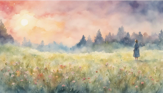 Sunrise over a pristine meadow filled with blooming flowers, covered with dew droplets. A single figure seen from behind, standing, immersed in the silence and tranquility of the tranquil scene