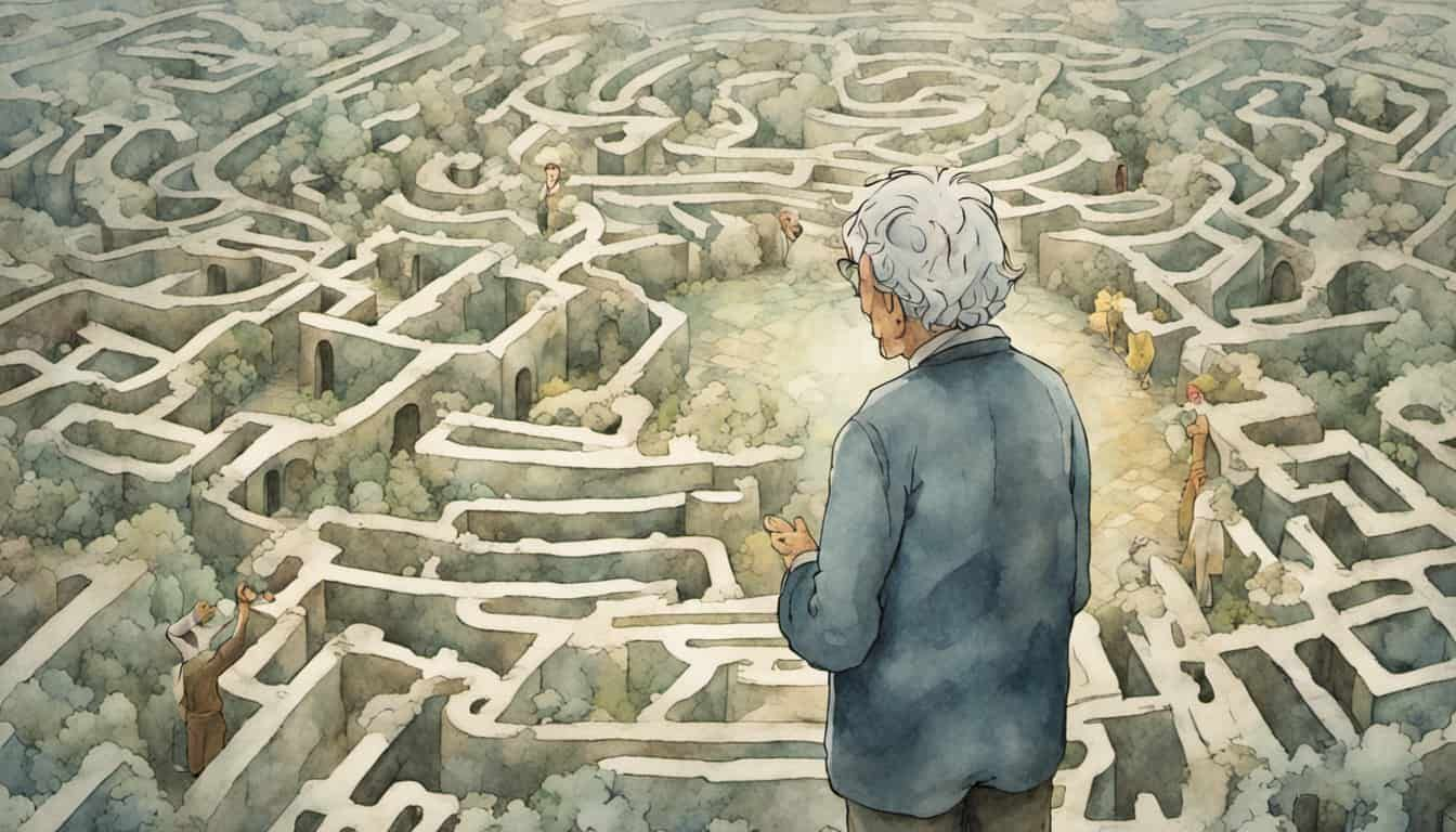 Old man at an intersection of a complex maze, holding a faded photo and looking confused.