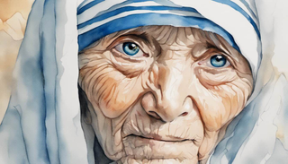 Close-up portrait of Mother Teresa radiating warmth and compassion, surrounded by ethereal light