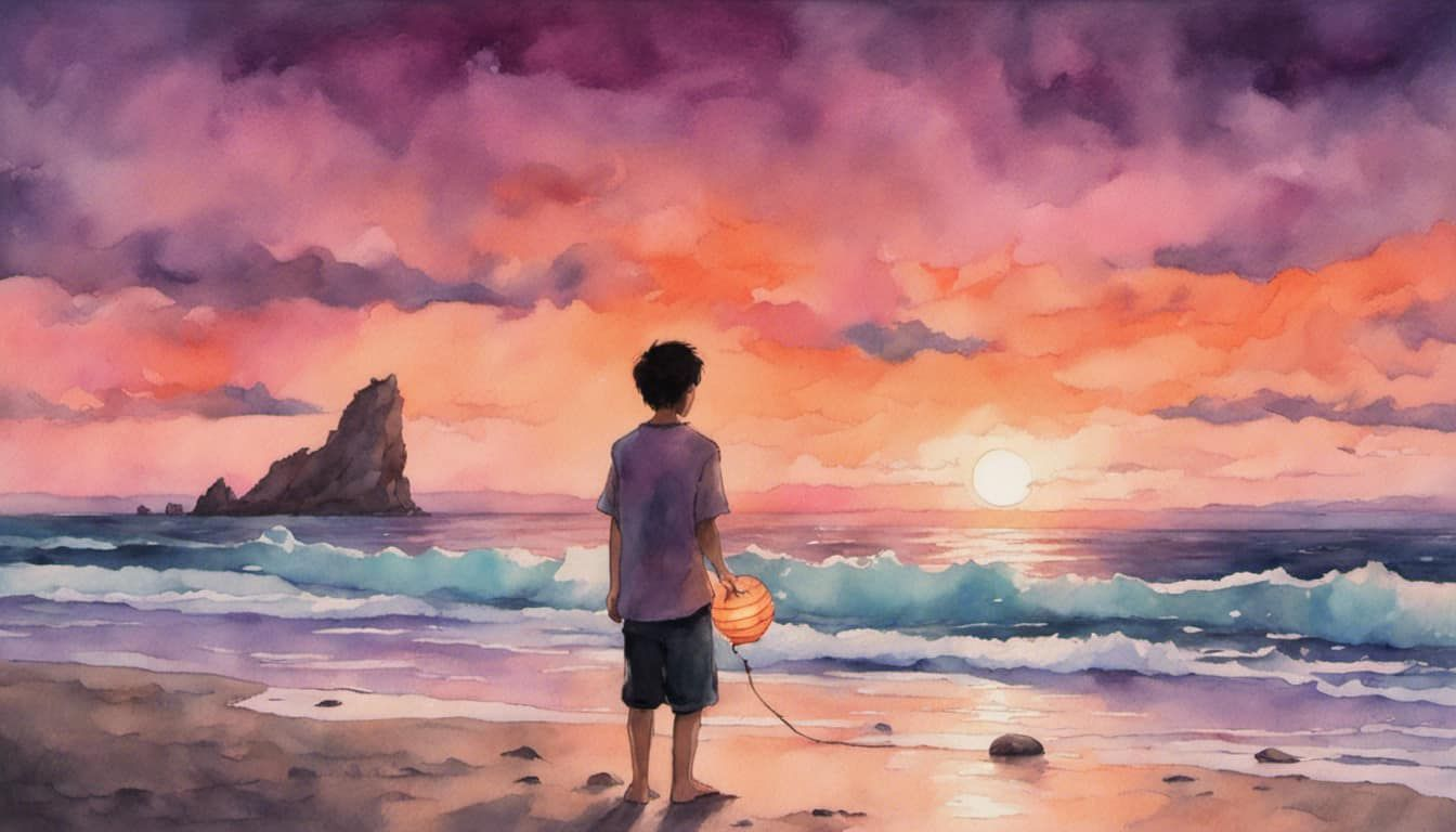 A young man standing in the glow of sunset, releasing a paper lantern into the sky