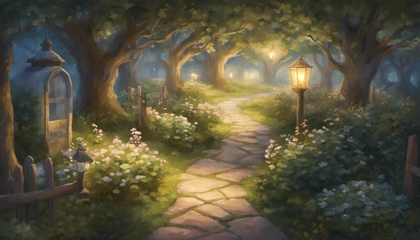 A pathway in a peaceful lush garden, mid-way a guiding lantern and at the end a small dwelling portraying the adoption journey