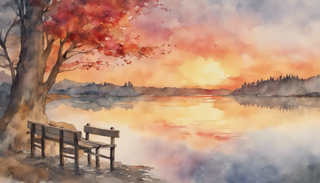 A serene November scene with falling leaves and an ethereal glow of the sunset